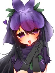 Rule 34 | 1girl, black gloves, black hair, blush, breasts, chinese commentary, commentary request, gloves, hair between eyes, heart, heart in eye, highres, long hair, looking at viewer, mahoushaojiulilika05836, own hands together, purple eyes, purple headwear, purple shirt, shirt, simple background, small breasts, solo, symbol in eye, touhou, upper body, white background, yomotsu hisami