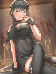 Rule 34 | 1girl, absurdres, black dress, black gloves, black hair, blood, blood on arm, blood on face, blood on hands, blood on wall, blush, breasts, crossed legs, dagger, dress, earrings, eru (aeeu2243), fingerless gloves, gloves, gold earrings, gold hairband, hairband, hand up, highres, jewelry, knife, large breasts, lips, long hair, nail polish, on floor, parted lips, petals, planted, planted knife, planted weapon, red eyes, red nails, rose petals, sitting, solo, spikes, spy x family, thighhighs, weapon, yor briar
