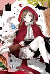 Rule 34 | 1girl, basket, blue eyes, bottle, bread, brown hair, dog, dress, earrings, flower, food, gun, heart, highres, hood, hood up, house, jewelry, lace, lace-trimmed thighhighs, little red riding hood, little red riding hood (grimm), long hair, pantyhose, paw print, prin dog, red hood, rifle, sitting, skirt, smile, solo, stud earrings, thighhighs, tree, wallpaper (object), weapon, white dog, white dress, white thighhighs, wine bottle, wolf