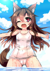 Rule 34 | 1girl, animal ears, blush, brown hair, gradient background, imaizumi kagerou, karasuma amiru, old school swimsuit, one-piece swimsuit, open mouth, outstretched arms, red eyes, school swimsuit, skindentation, smile, swimsuit, tail, touhou, water, wet, wet clothes, white one-piece swimsuit, white school swimsuit, wolf ears, wolf tail