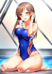 Rule 34 | 10s, 1girl, barefoot, blurry, blush, breasts, breath, brown eyes, brown hair, cleavage, collarbone, competition swimsuit, covered navel, depth of field, tucking hair, hand on own chest, heavy breathing, highres, idolmaster, idolmaster cinderella girls, idolmaster cinderella girls starlight stage, long hair, nitta minami, one-piece swimsuit, open mouth, poolside, shiny clothes, sitting, solo, swimsuit, thighs, wariza, wet, wet clothes, wet swimsuit, yomono