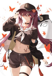 Rule 34 | 1girl, absurdres, alternate costume, arm up, baseball cap, black choker, black hat, black jacket, black shirt, black shorts, boo tao (genshin impact), brown hair, butterfly tattoo, choker, cowboy shot, crop top, crop top overhang, flower, flower-shaped pupils, genshin impact, hair flower, hair ornament, hand on headwear, hat, highres, hu tao (genshin impact), jacket, jewelry, leaf, long hair, long sleeves, looking at viewer, maple leaf, midriff, multiple rings, nacho (nacho 1103), navel, neckerchief, off shoulder, open clothes, open jacket, plum blossoms, red eyes, ring, sailor collar, shirt, short shorts, short sleeves, shorts, simple background, smile, solo, stomach, stomach tattoo, symbol-shaped pupils, tassel, tattoo, thigh strap, thighs, twintails, very long hair, white background