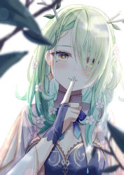 Rule 34 | 1girl, antlers, asymmetrical bangs, blue handwear, blue ribbon, braid, braided bangs, branch, ceres fauna, enokitake, finger to mouth, flower, gradient hair, green hair, green nails, hair flower, hair ornament, hair over one eye, holocouncil, hololive, hololive english, horns, jewelry, leaf, looking at viewer, mole, mole under eye, multicolored hair, nail polish, ribbon, shushing, smile, solo, virtual youtuber, yellow eyes