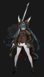 Rule 34 | 1girl, ahoge, animal ear fluff, animal ears, armor, black background, black footwear, black jacket, black ribbon, blue eyes, blue hair, cat ears, cat girl, cat tail, character request, chest belt, chokutou, coattails, copyright request, full body, hair ribbon, high collar, highres, holding, holding sword, holding weapon, huge weapon, jacket, legs apart, long hair, looking at viewer, ootachi, pants, pauldrons, red tassel, ribbon, shoulder armor, single pauldron, sleeves past fingers, sleeves past wrists, solo, straight-on, sword, tail, thigh strap, twintails, usu (9619usu), very long hair, weapon, white pants