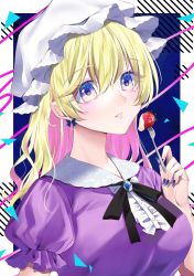 Rule 34 | 1girl, black ribbon, blonde hair, blue gemstone, brooch, center frills, collared dress, colored inner hair, commentary, dress, food, food bite, fork, frills, fruit, gem, hat, highres, holding, holding fork, jewelry, kaede (mmkeyy), long hair, looking at viewer, maribel hearn, mob cap, multicolored hair, nail polish, neck ribbon, parted lips, pink hair, puffy short sleeves, puffy sleeves, purple dress, purple eyes, purple nails, ribbon, short sleeves, solo, strawberry, touhou, upper body, white hat