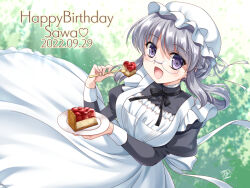 Rule 34 | 1girl, apron, back bow, blush, bow, braid, cake, cake slice, dated, dress, eating, food, fork, glasses, grey hair, hair rings, happy birthday, hat, highres, holding, holding fork, holding plate, indie virtual youtuber, juliet sleeves, kkurumi, long sleeves, maid, mob cap, neck ribbon, open mouth, original, plate, puffy sleeves, purple eyes, ribbon, smile, sunlight, virtual youtuber