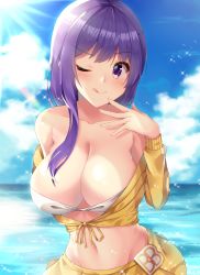 Rule 34 | 1girl, ;q, absurdres, amagi korona, bare shoulders, bb (fate), bb (fate) (all), bb (swimsuit mooncancer) (fate), bb (swimsuit mooncancer) (first ascension) (fate), bikini, bikini top only, blue sky, blush, breasts, cleavage, closed mouth, cloud, collarbone, commentary request, cropped jacket, day, fate/grand order, fate (series), groin, hand up, highres, horizon, jacket, large breasts, light rays, long hair, long sleeves, looking at viewer, midriff, navel, ocean, off shoulder, one eye closed, outdoors, purple eyes, purple hair, skirt, sky, smile, solo, sparkle, stomach, sunbeam, sunlight, swimsuit, tongue, tongue out, upper body, v-shaped eyebrows, water, white bikini, yellow jacket, yellow skirt