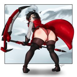Rule 34 | 1girl, absurdres, ass, bent over, black hair, blush, boots, cape, dress, embarrassed, from behind, gradient hair, grey eyes, highres, huge ass, leaning, leaning forward, looking at viewer, looking back, miniskirt, multicolored hair, nayaase beleguii, panties, red panties, ruby rose, rwby, scythe, shiny skin, short hair, skirt, solo, thigh boots, thighhighs, underwear, weapon