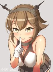 Rule 34 | 10s, 1girl, blush, breasts, brown eyes, brown hair, cleavage, finger to mouth, grey background, headgear, kantai collection, leaning forward, looking at viewer, maku ro, mutsu (kancolle), short hair, simple background, smile, white background