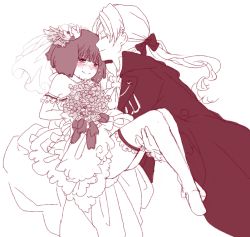 Rule 34 | 1boy, 2girls, alternate hairstyle, bridal veil, bride, carrying, dress, gender request, genderswap, kimidori (kimidoriri), macross, macross frontier, monochrome, multiple girls, ponytail, princess carry, ranka lee, sheryl nome, short hair, veil, wedding dress, wife and wife, yuri