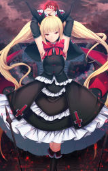 Rule 34 | 1girl, armpits, arms up, black bow, black capelet, black ribbon, blazblue, blonde hair, blunt bangs, blush, bow, bowtie, breasts, capelet, daiaru, detached sleeves, dress, eyes visible through hair, frilled dress, frilled sleeves, frills, gothic lolita, hair bow, highres, large bow, lolita fashion, long hair, looking at viewer, rachel alucard, raised eyebrows, red bow, red eyes, ribbon, seductive smile, slit pupils, small breasts, smile, solo, twintails, very long hair, wide sleeves