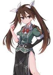 Rule 34 | 1girl, aki inu, brown hair, commentary request, contrapposto, elbow gloves, feet out of frame, gloves, hair between eyes, hair ribbon, hand on own hip, kantai collection, long hair, pelvic curtain, red neckwear, ribbon, side slit, simple background, single elbow glove, solo, standing, tone (kancolle), tone kai ni (kancolle), twintails, white background, white ribbon