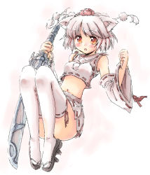 Rule 34 | 1girl, adapted costume, animal ears, bare shoulders, brown eyes, convenient leg, detached sleeves, female focus, geta, hat, inubashiri momiji, manyu, midriff, miniskirt, navel, no tail, pleated skirt, ribbon-trimmed skirt, ribbon trim, short hair, silver hair, simple background, sketch, skirt, skirt set, solo, sword, thighhighs, tokin hat, touhou, weapon, white skirt, white thighhighs, wolf ears, yuni (manyutin)