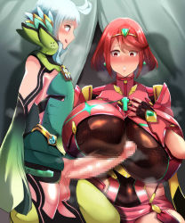 Rule 34 | 1boy, 1girl, 2girls, ahoge, aqua hair, blush, breasts, censored, chest jewel, earrings, fingerless gloves, floren (xenoblade), full-face blush, gloves, herorainbowpaint, highres, huge breasts, huge penis, jewelry, large penis, licking lips, mosaic censoring, multiple girls, open mouth, penis, penis awe, penis to breast, purple eyes, pyra (xenoblade), red eyes, red hair, red shorts, short hair, short shorts, shorts, smile, surprised, swept bangs, tiara, tongue, tongue out, trap, trap on female, xenoblade chronicles (series), xenoblade chronicles 2