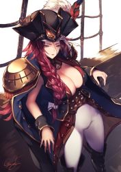 Rule 34 | 1girl, blue eyes, boots, braid, breasts, cleavage, closed mouth, fate/grand order, fate (series), francis drake (fate), francis drake (third ascension) (fate), genyaky, hat, hat feather, huge breasts, jacket, jacket on shoulders, knee boots, long hair, looking at viewer, pants, plume, red hair, scar, ship, signature, solo, standing, underbust, watercraft, white background, white pants