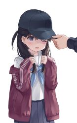 Rule 34 | 1girl, 1other, baseball cap, black skirt, blue neckerchief, blush, brown hair, commentary request, cowboy shot, grey eyes, hands up, hat, highres, holding, holding clothes, holding hat, holding own hair, jacket, na-ga, neckerchief, off shoulder, one eye closed, open clothes, open jacket, open mouth, original, out of frame, pleated skirt, red jacket, sailor collar, school uniform, serafuku, shirt, simple background, skirt, sleeves past wrists, solo focus, standing, track jacket, white background, white sailor collar, white shirt