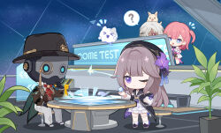 Rule 34 | &gt; &lt;, :d, ?, animal, animal on head, arlan (honkai: star rail), asta (honkai: star rail), beret, black gloves, black headwear, blue eyes, brown sleeves, chibi, chinese commentary, dark-skinned male, dark skin, dog, dog on head, full body, gloves, hair over one eye, hand on own chin, hand on own thigh, hat, herta (honkai: star rail), highres, honkai: star rail, honkai (series), looking at another, monocle, necktie, official art, on head, one eye closed, open hand, open mouth, pants, peppy (honkai: star rail), pink hair, plant, red necktie, robot, screwllum (honkai: star rail), side ponytail, sitting, smile, spacecraft, speech bubble, standing, white hair, white pants, wubbaboo (honkai: star rail)