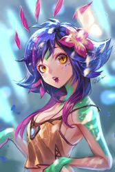Rule 34 | 1girl, absurdres, bad id, bad pixiv id, bibico, blue hair, breasts, cleavage, flower, hair flower, hair ornament, highres, league of legends, lipstick, looking at viewer, makeup, mascara, multicolored hair, neeko (league of legends), open mouth, purple hair, reptile girl, sideboob, slit pupils, tank top, two-tone hair, yellow eyes