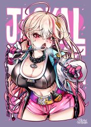 Rule 34 | 1girl, ahoge, artist name, blonde hair, bow, breasts, chain, character name, coat, collar, collarbone, commentary, crop top, cropped legs, facial mark, fangs, foreshortening, gloves, goddess of victory: nikke, gradient hair, hair between eyes, hair bow, hair ornament, hairclip, heart, heavy breathing, highres, holding, holding chain, jackal (nikke), large breasts, leaning forward, leaning to the side, long hair, looking at viewer, low twintails, meawsoba, multicolored belt, multicolored hair, one side up, open clothes, open coat, open mouth, pink bow, pink gloves, pink shorts, raised eyebrows, short shorts, shorts, solo, spiked collar, spikes, sports bra, thighs, tongue, tongue out, twintails, very long hair, white gloves