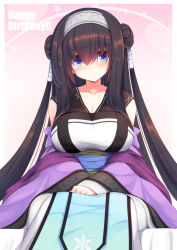 Rule 34 | 1girl, blue eyes, blush, border, breasts, brown hair, cleavage, collarbone, commentary, detached sleeves, dot nose, double bun, dress, english text, hair between eyes, hair bun, hairband, hands on lap, happy birthday, heart, highres, jewelry, long dress, long hair, long sleeves, looking at viewer, outside border, pink background, purple shawl, purple sleeves, ring, rinne (sennen sensou aigis), sash, sennen sensou aigis, shawl, sitting, smile, solo, sparkle background, star (symbol), very long hair, white border, white dress, wide sleeves, yomerinne