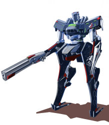 Rule 34 | armored core, full body, gun, holding, holding gun, holding weapon, mecha, no humans, robot, shadow, simple background, sody, standing, weapon, white background
