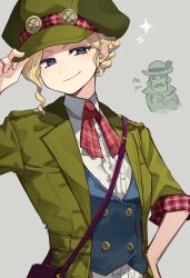 1boy 1girl ace_attorney adjusting_clothes adjusting_headwear blonde_hair blue_eyes closed_mouth facial_hair gina_lestrade green_hat hat highres mustache short_hair short_sleeves smile sparkle the_great_ace_attorney tobias_gregson tsumikitsuki_(katsuobushi)