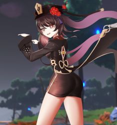 Rule 34 | 1girl, absurdres, artist request, ass, black shorts, breasts, brown hair, chinese clothes, coat, coattails, genshin impact, gradient hair, hat, hat ornament, highres, hu tao (genshin impact), long hair, looking at viewer, multicolored hair, open mouth, red eyes, red hair, shiny clothes, short shorts, shorts, smile, solo, twintails, very long hair