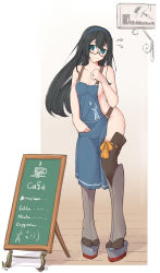 Rule 34 | 1girl, absurdres, ahchih, apron, black-framed eyewear, black hair, blue apron, blue hairband, blush, boots, breasts, flying sweatdrops, full body, glasses, green eyes, hairband, highres, kantai collection, long hair, naked apron, no bra, no panties, ooyodo (kancolle), platform footwear, platform heels, semi-rimless eyewear, small breasts, smile, solo, standing, thigh boots, thighhighs, under-rim eyewear