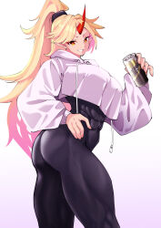 Rule 34 | 1girl, abs, absurdres, ass, blonde hair, bodysuit, breasts, can, commentary request, cowboy shot, cropped hoodie, fugaku (miko no miyatsuguchi), gradient background, hand on own hip, high ponytail, highres, holding, holding can, hood, hoodie, horns, hoshiguma yuugi, large breasts, long hair, looking at viewer, muscular, muscular female, oni, oni horns, pointy ears, ponytail, red horns, single horn, smile, solo, star (symbol), touhou, twisted torso