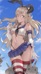 Rule 34 | 1girl, bare shoulders, black hairband, black panties, blonde hair, cheshirrr, commentary request, day, elbow gloves, frown, gloves, hair ornament, hairband, highres, kantai collection, long hair, looking at viewer, navel, outdoors, panties, shimakaze (kancolle), skirt, solo, striped clothes, striped thighhighs, thighhighs, underwear, white gloves