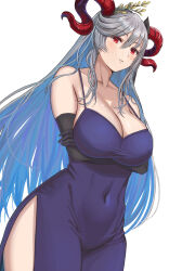 Rule 34 | 1girl, absurdres, armpit crease, arms under breasts, black gloves, blue dress, blue hair, breasts, bridal gauntlets, cleavage, collarbone, colored inner hair, commentary request, covered navel, cowboy shot, dress, fire emblem, fire emblem heroes, freyja (fire emblem), gloves, goat horns, gradient hair, grey hair, groin, hair between eyes, hair ornament, highres, horns, impossible clothes, impossible dress, large breasts, light blush, long hair, looking at viewer, multicolored hair, nintendo, purple hair, red eyes, red horns, side slit, sidelocks, simple background, solo, strap gap, thighs, ushiroki, very long hair, white background