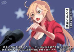 Rule 34 | 1girl, alternate costume, blonde hair, blue eyes, blush, breasts, character name, cleavage, hair between eyes, haruto (harut n), iowa (kancolle), kantai collection, long hair, microphone, one-hour drawing challenge, open mouth, pointing, red shirt, shirt, sketch, solo, star-shaped pupils, star (symbol), symbol-shaped pupils, translation request, twitter username, yellow pupils