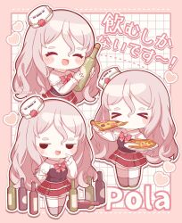 Rule 34 | &gt; &lt;, 1girl, artist name, blush, blush stickers, bottle, character name, closed eyes, corset, eating, food, heart, highres, holding, holding bottle, holding food, kantai collection, light brown hair, long hair, long sleeves, multiple views, nada namie, open mouth, pizza, pola (kancolle), red skirt, shirt, skirt, smile, thighhighs, twitter username, white shirt, white thighhighs, wine bottle
