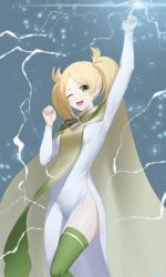 Rule 34 | 1girl, blonde hair, breasts, cape, covered navel, dhokidoki, dress, fire emblem, fire emblem awakening, green eyes, highres, lissa (fire emblem), long hair, nintendo, one eye closed, small breasts, smile, solo, thighhighs, thighs, twintails, white dress