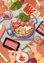 Rule 34 | 1other, bowl, carrot, carrot slice, chikuwa, chopsticks, cooking pot, cup, egg (food), enoki (mushroom), food, food focus, golden oyster (mushroom), green tea, highres, holding, holding chopsticks, hotpot, jauni (tofublock), ladle, lettuce, long sleeves, meat, mushroom, noodles, original, out of frame, pork, pork belly, pov, pov hands, shadow, shiitake, shrimp, sparkle, spinach, steam, table, tea, teacup, tissue box, tofu, tray