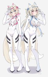 Rule 34 | 2girls, absurdres, animal ear fluff, animal ears, bandaid, bandaid hair ornament, black jacket, blonde hair, blue eyes, blue hair, blue hairband, blush, bodysuit, breasts, covered navel, crossed bangs, dog ears, dog girl, dog tail, double-parted bangs, evangelion: 3.0+1.0 thrice upon a time, fake horns, full body, fuwawa abyssgard, gluteal fold, hair between eyes, hair intakes, hair ornament, hairband, hairclip, highres, holding hands, hololive, hololive english, horns, interface headset, interlocked fingers, jacket, large breasts, long hair, looking at viewer, magui3, mococo abyssgard, multicolored hair, multiple girls, neon genesis evangelion, pilot suit, pink eyes, pink hair, pink hairband, plugsuit, rebuild of evangelion, short hair, siblings, simple background, sisters, skin tight, small breasts, smile, streaked hair, tail, twins, two side up, virtual youtuber, white bodysuit