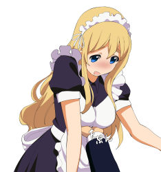 Rule 34 | 1girl, a1 (initial-g), absurdres, apron, blonde hair, blue eyes, blush, breast lift, breasts, embarrassed, frilled apron, frills, highres, k-on!, kotobuki tsumugi, large breasts, light brown hair, long hair, maid, maid apron, maid headdress, open mouth, simple background, solo focus, white background