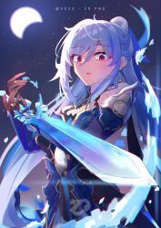 Rule 34 | 1girl, absurdres, armor, bare shoulders, blue armor, blue fire, blue sleeves, crescent, detached sleeves, fire, glitch, gloves, gold ring, gold trim, grey hair, hair between eyes, high ponytail, highres, holding, holding sword, holding weapon, honkai: star rail, honkai (series), ice, jingliu (honkai: star rail), long hair, looking at viewer, multicolored eyes, multicolored hair, open mouth, partially fingerless gloves, red eyes, red ribbon, ribbon, solo, star (sky), sword, teeth, upper teeth only, weapon, white hair, zull