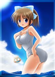 Rule 34 | 1girl, blue eyes, bow, brown hair, cloud, day, hair bow, minami shinju, one-piece swimsuit, original, school swimsuit, shell, short hair, solo, submerged, swimsuit, wading, water, wet, white school swimsuit, white one-piece swimsuit