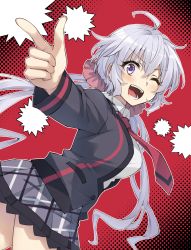 Rule 34 | 1girl, ahoge, blush, breasts, finger gun, hair between eyes, highres, large breasts, lydian academy school uniform, miniskirt, necktie, one eye closed, open mouth, plaid, plaid skirt, purple eyes, red necktie, school uniform, senki zesshou symphogear, silver hair, skirt, solo, somechime (sometime1209), twintails, twisted torso, v-shaped eyebrows, yukine chris