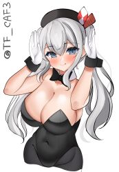 Rule 34 | 1girl, absurdres, alternate costume, bare shoulders, black bow, black bowtie, black leotard, black pantyhose, blue eyes, blush, bow, bowtie, breasts, cleavage, covered navel, detached collar, grey hair, highleg, highleg leotard, highres, kantai collection, kashima (kancolle), large breasts, leotard, long hair, looking at viewer, pantyhose, playboy bunny, smile, solo, strapless, strapless leotard, tf cafe, traditional bowtie, twintails, wavy hair, wrist cuffs