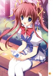 Rule 34 | 1girl, :d, absurdres, asakura nanao, blue eyes, bottle, bow, bowtie, cherry blossoms, grass, hair ribbon, highres, looking at viewer, lyrical lyric, mikeou, open mouth, outdoors, pink hair, plant, puffy short sleeves, puffy sleeves, red bow, red bowtie, ribbon, school uniform, short sleeves, sitting, skirt, smile, tareme, thighhighs, tree, twintails, water bottle, white skirt, white thighhighs, zettai ryouiki