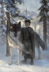 Rule 34 | 1boy, absurdres, bag, beitemian, boots, cape, commentary request, forest, fur trim, highres, looking at viewer, male focus, morning, mountain, nature, original, outdoors, sanpaku, scar, scar across eye, scar on face, short hair, snow, solo focus, wolf