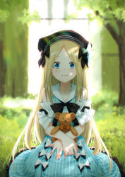 Rule 34 | 1girl, abigail williams (animejapan 2018) (fate), abigail williams (fate), beret, black bow, black hat, blonde hair, blue eyes, blurry, blurry background, blush, bow, dress, dress bow, fate/grand order, fate (series), frilled dress, frills, grass, hair bow, hat, holding, holding stuffed toy, kazuma muramasa, long hair, looking at viewer, multiple hair bows, nature, official alternate costume, outdoors, parted bangs, sitting, sleeveless, sleeveless dress, smile, solo, striped clothes, striped dress, stuffed animal, stuffed toy, sunlight, teddy bear, tree, vertical-striped clothes, vertical-striped dress, very long hair, white bow