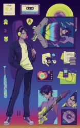 Rule 34 | 1boy, baseball bat, cassette tape, cd, commentary, gradient background, headphones, heart, heathcliff (project moon), highres, jacket, jewelry, korean commentary, limbus company, long sleeves, male focus, multiple views, necklace, pants, play button, plectrum, project moon, purple eyes, purple footwear, purple hair, purple jacket, purple pants, scar, scar on face, shirt, shoes, sneakers, sticker, szztzzs, white shirt, wing collar