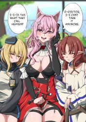Rule 34 | 3girls, :d, ^ ^, absurdres, ahoge, animal ears, arknights, black gloves, black headwear, black jacket, blonde hair, blush, breasts, brown hair, cleavage, closed eyes, commentary, durin (arknights), gloves, hand up, hat, highres, jacket, large breasts, long hair, looking at viewer, mini hat, multiple girls, myrtle (arknights), open mouth, parted lips, pink eyes, pink hair, pozyomka (arknights), red skirt, shirt, short hair, skirt, smile, speech bubble, symmetricturd, tank top, white shirt, white tank top, wolf ears