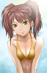 Rule 34 | 1girl, atlus, bikini, bikini top only, breasts, breasts squeezed together, brown hair, cleavage, earrings, green eyes, jewelry, kujikawa rise, light smile, looking at viewer, mikel (4hands), persona, persona 4, red hair, sega, shiny skin, solo, swimsuit, twintails, wet, yellow bikini