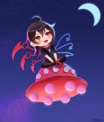 Rule 34 | 1girl, alternate hair color, artist name, asymmetrical wings, black dress, black thighhighs, blue wings, blush, bow, bowtie, brown hair, buttons, center frills, chibi, commentary request, commission, crescent moon, dress, fang, flying, footwear bow, frilled dress, frills, full body, highres, houjuu nue, long hair, looking afar, mary janes, moon, open mouth, recare, red bow, red bowtie, red eyes, red footwear, red wings, shoes, short dress, short sleeves, sitting, skin fang, smile, solo, thighhighs, touhou, ufo, wings