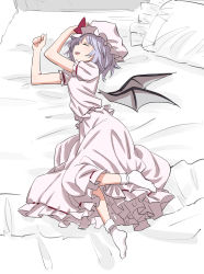 Rule 34 | 1girl, :d, ^ ^, ankle socks, arms up, bat wings, bed, blue hair, bow, clenched hand, closed eyes, commentary request, dress, from side, full body, hat, hat bow, highres, leon (mikiri hassha), lying, mob cap, no shoes, on side, open mouth, pillow, puffy short sleeves, puffy sleeves, red bow, remilia scarlet, short hair, short sleeves, smile, socks, solo, touhou, white dress, white hat, white socks, wings