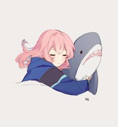 Rule 34 | 1girl, alternate hairstyle, arknights, blue jacket, blue nails, blue poison (arknights), blush, closed eyes, highres, hugging object, ikea shark, jacket, long hair, long sleeves, nail polish, numbered, pink hair, ruri (dailybloopy), simple background, solo, straight hair, stuffed animal, stuffed shark, stuffed toy, under covers, upper body, white background